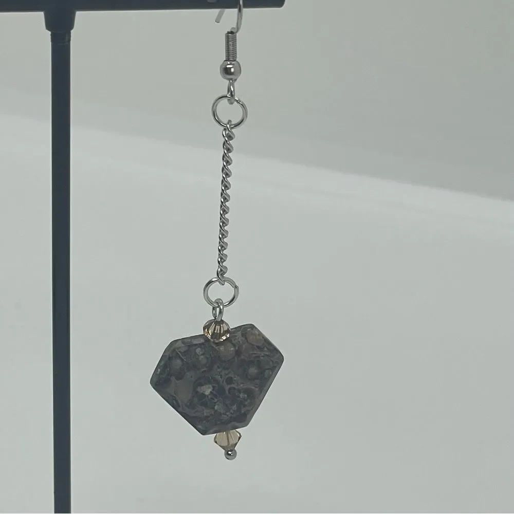 Hand Crafted Gray Brown Gemstone With Silver Chain Earrings NWT